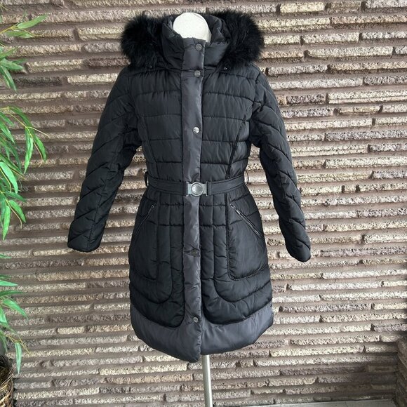 Guess Black Midweight Belted Puffer Jacket With Removable Fur Trim Size M - Picture 14 of 14